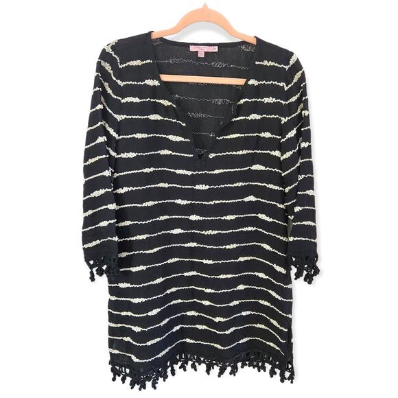 Calypso St Barth Women's Black 100% Linen Beaded Tunic Top Coverup Size Medium - Picture 4 of 9